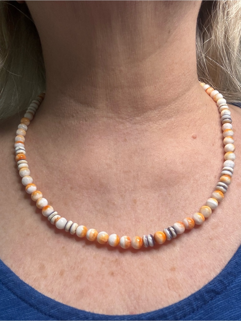 Handcrafted Orange Spiny Oyster Shell and Purple Wampum Shell Beaded Necklace